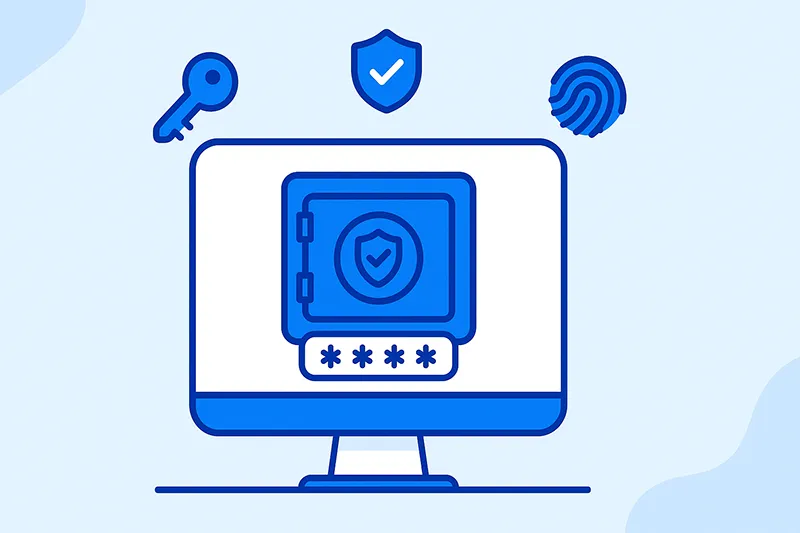 Illustration of a secure password manager vault with encryption icons