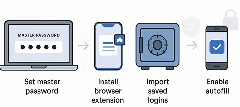 Illustration showing setup process of a password manager with master password and autofill steps
