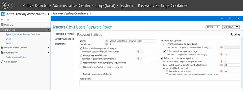 Password policy configuration in Group Policy Management