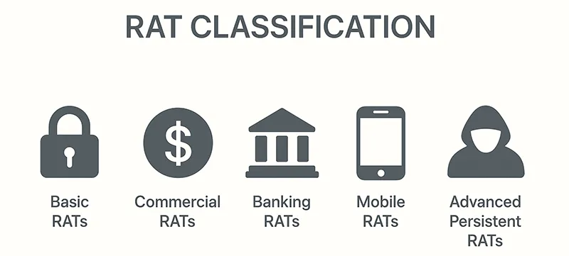 Infographic showing RAT classifications: Basic, Commercial, Banking, Mobile, APT