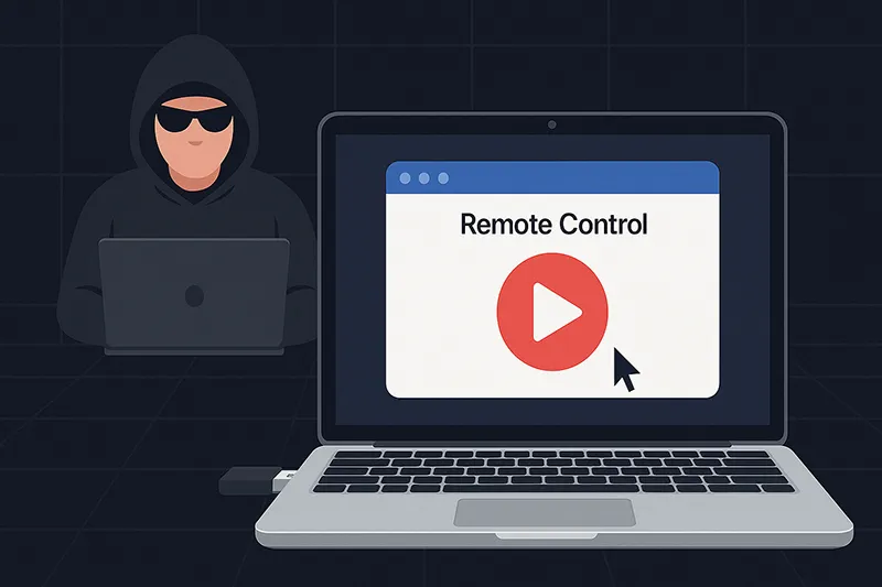 Illustration of hacker remotely accessing a victim's computer through a RAT
