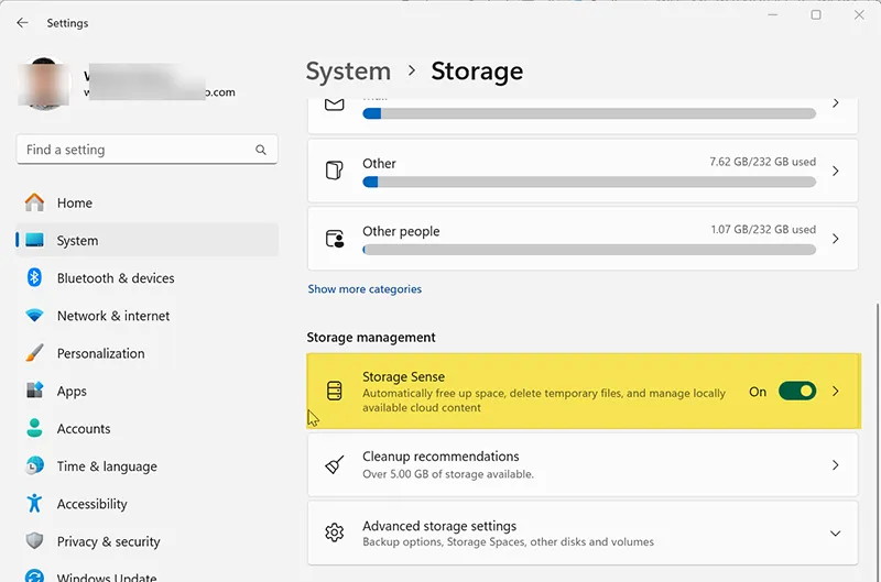 Windows 11 Storage Sense cleanup settings