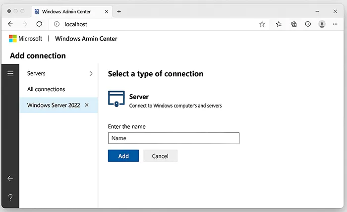 Windows Admin Center showing Add connection to manage Windows Server 2022