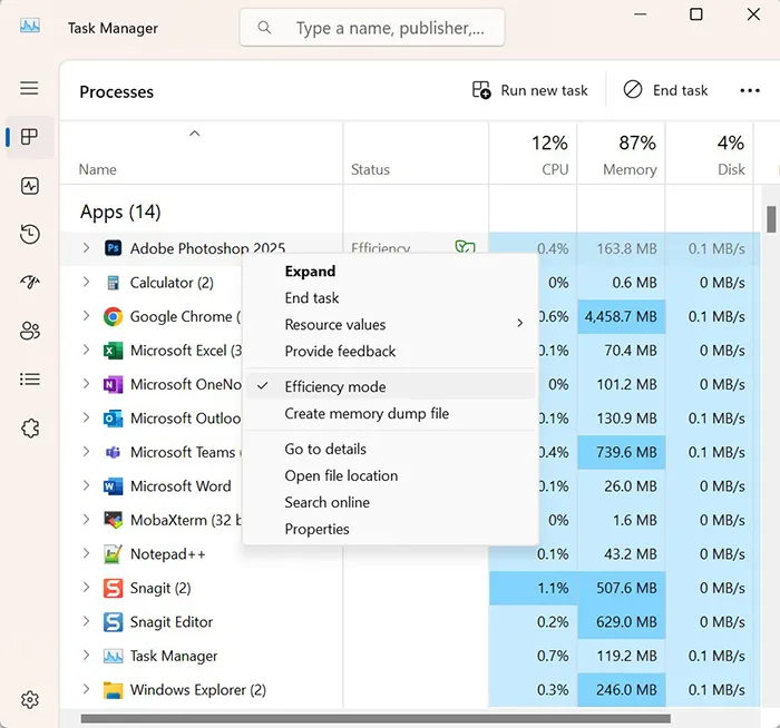 Task Manager showing Efficiency Mode enabled in Windows 11