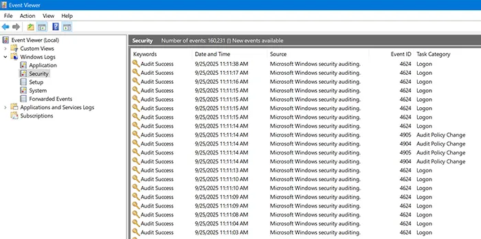 Windows Server Event Viewer logs