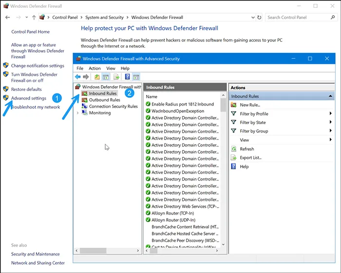 Configuring Windows Firewall inbound rules
