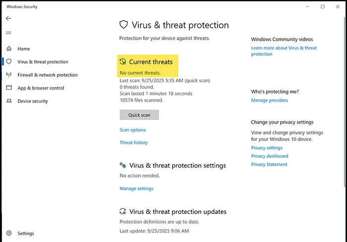 Windows Security dashboard with antivirus and firewall enabled
