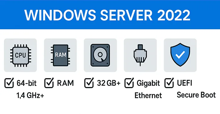 Infographic showing Windows Server 2022 minimum system requirements