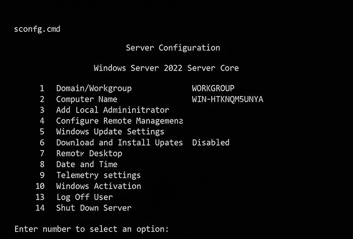 Windows Server 2022 SConfig menu for Server Core initial configuration