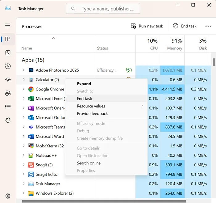 Windows Task Manager showing unresponsive apps