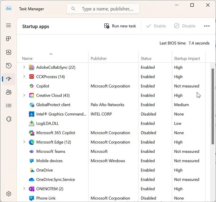 Task Manager startup programs view in Windows 11