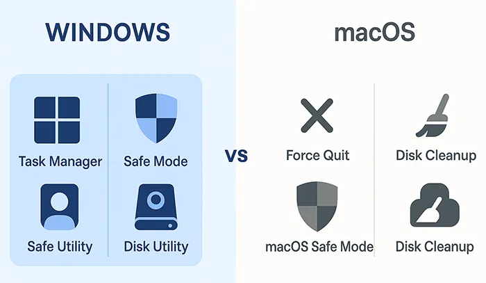 Comparison infographic Windows vs macOS freeze fixes